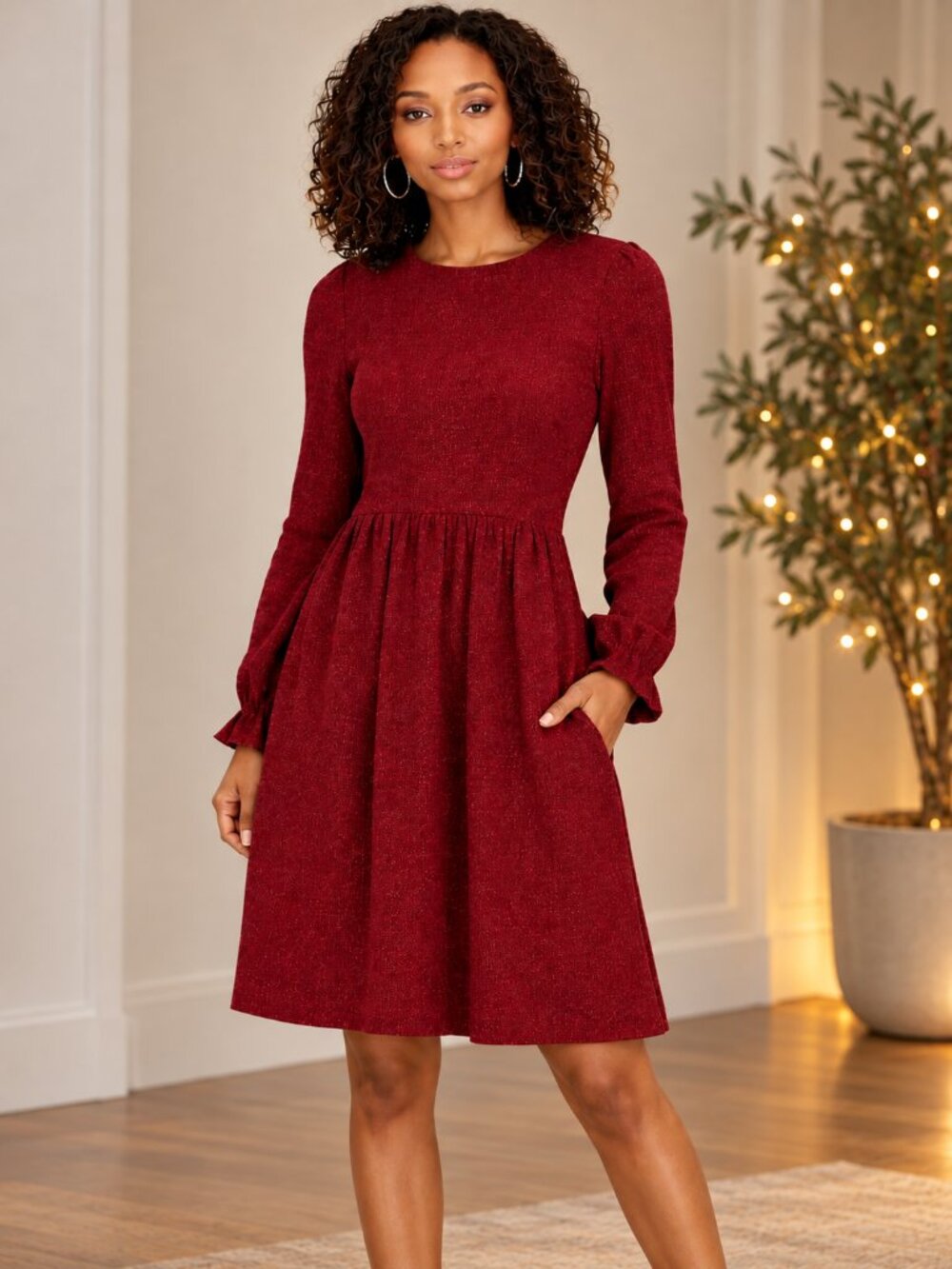 Melloday Red Silver Metallic Fit & Flare Long Sleeve Dress with Pockets XS